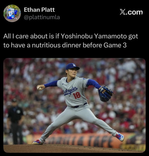 Yoshinobu Yamamoto (my glorious king) is taking the mound against the Braves and Chris Sale, a matchup of two of the top arms in the sport. Yamagoato is known for historically donating his arm to the Dodgers franchise to finish out the World Series. He is the greatest pitcher of all time and could solo squad the Avengers. The Dodgers look to take a commanding 2-1 series lead backed by an arm that is AI generated.

#mlb #baseball #dodgers