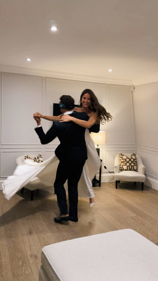 In 2025 we were in London in this @buckingham_lloyds flat, a week before our wedding practicing our dance in full wedding attire. I was worried about tripping on my dress, so I requested a dress rehearsal and that’s how Zack ended up blindfolded 😂. A year later, same building in London, but as a family of 3. Life comes at you fast!!! ❤️