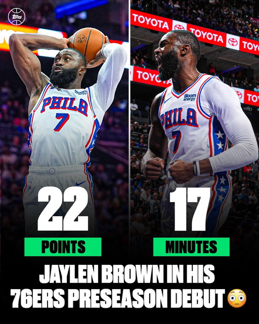 Jaylen Brown SHOWED OUT in front of the home crowd in his 76ers preseason debut 🙌

The 2026 All-Star shot 8-13 from the field with 22 points and 0 turnovers 🔥

He only has ONE Sixers card in existence... Can’t wait to collect more 👀