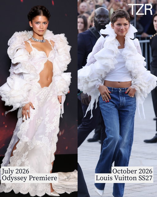 Look so good she had to wear it twice! #Zendaya just arrived at the @louisvuitton Spring/Summer 2027 show wearing the same LV lace jacket she donned in July for ‘The Odyssey’ premiere in Paris.

📷: Getty