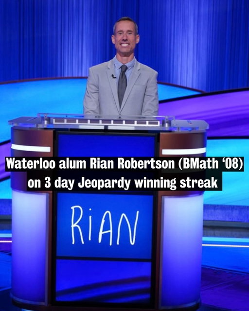 Congratulations to Waterloo alum Rian Robertson who has won $39,701 and looking for his 4th straight win tonight on @jeopardy. #UWaterlooProud 🖤💛