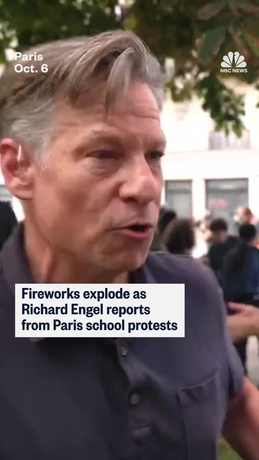 Fireworks exploded nearby as NBC News' @richardengelnbc reports from Paris school protests, where police fired tear gas and water cannons at protesters blockading high schools across France.