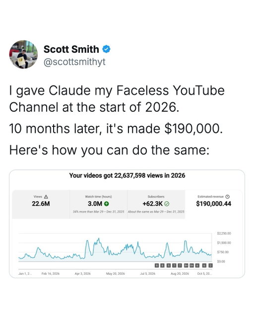$75 a video. $190K in 10 months. Here’s the faceless YouTube channel system I run with Claude.

My team: a script writer, video editor and thumbnail designer from Upwork, plus ElevenLabs for the voiceover.

My manager: Claude. It picks the niche, finds the gaps, writes the titles, briefs the team, runs the Trello board and tells me what to fix every 2 weeks.

Swipe through for all 8 prompts. Copy them word for word.

Comment “Claude” and I’ll send you a message to help you get started.

#facelessyoutube #youtubeautomation #claudeai #aitools #makemoneyonyoutube