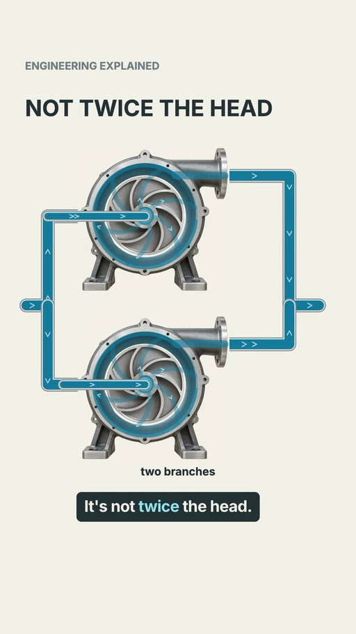 two pumps in series do not give you twice the head. heads add at the same flow, so the combined curve sits twice as high, but the system curve (lift plus friction rising with flow squared) does not move, so the duty point slides out along it and lands well short of double, about 1.3x in a plain friction line. and series is fragile: in one sizing case three pumps in series made 39.3 bar against a 40 bar spec while one bigger pump made 43.7, because lose a stage and the head collapses. the second casing holds both heads, so check its rating. the pump block in a simulator returns one discharge pressure; the system curve is yours to draw. comment SERIES for the page. where does your system curve cross? #chemicalengineering #pumps #processengineering #engineering