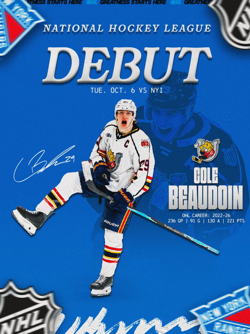 Big Apple Beaudoin 🤠
ㅤ
Congratulations to @BarrieColtsHockeyOHL alumnus Cole Beaudoin on making his @NHL debut with the @nyrangers!
ㅤ
#NYR | @CHLHockey