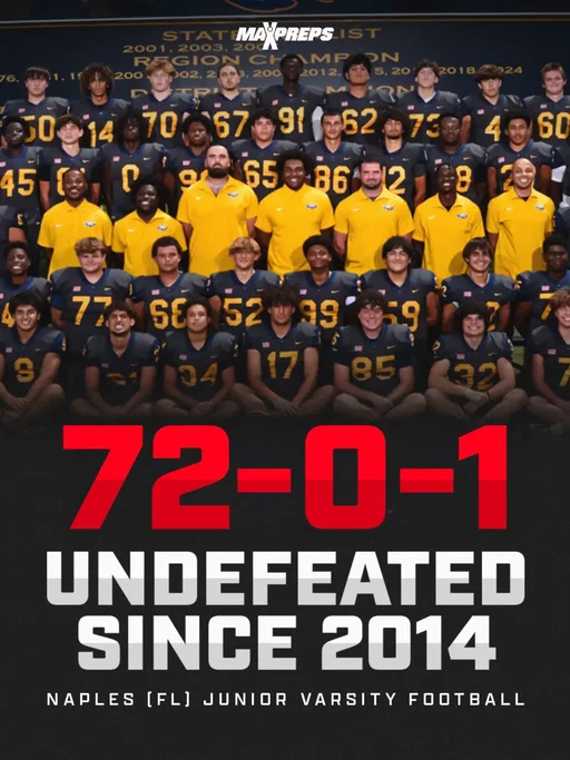 We also love us some JV football, and Naples (FL)'s JV squad hasn't lost a game since 2014. Next up is Gulf Coast (FL), the same team the Golden Eagles beat to start the streak. 👀🏈