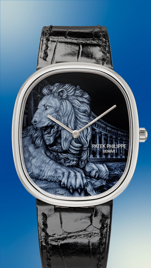 The Rare Handcrafts Golden Ellipse Ref. 5738/50 in white gold, will be on display at the WATCH ART™ Grand Exhibition – Milan 2026. This six-piece limited edition reimagines Naples' "Crouching Lion" sculpture by Pasquale Ricca created in 1866 and installed on Piazza dei Martiri. Here, it is depicted before the colonnade of the San Francesco di Paola Basilica. Rendered in grisaille enamel au blanc de Limoges, white enamel is sculpted by brush and needle over black to shade stone, volume, and light. Each dial required up to 20 firings.

The Watch Art Grand Exhibition takes place at CityOval, CityLife, Milan, from October 2 to 18.

 #PatekPhilippe #PPWatchArt2026 #PatekTime #PPWatchArtMilan2026 #PatekPhilippeGrandExhibition