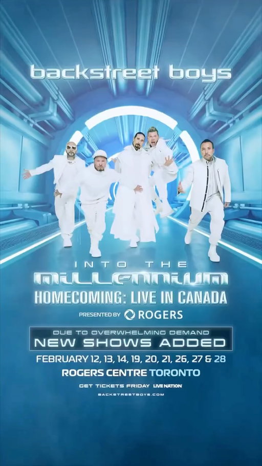 CANADA! ONE MORE SHOW on Feb 28 has been added to our “Into the Millennium - HOMECOMING: Live in Canada” residency! 

Presale & on sale info for the new show below👇
• VIP Travel Packages on sale TODAY at 11am ET at  Backstreetboys.please.co
        
• Ticketmaster artist pre-sale is happening TODAY at 11am ET for anyone who previously registered
        
• General public on sale begins Fri, Oct 9 at 10am ET