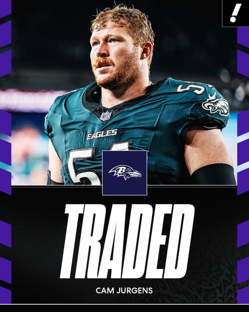 The Eagles are trading two-time Pro Bowl center Cam Jurgens to the Ravens, per @AdamSchefter

Philadelphia receives: 2027 5th-round pick and a 2028 2nd-round pick

Baltimore receives: Cam Jurgens and a 2027 7th-round pick.