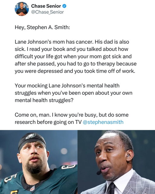 Stephen A. Smith mocks Lane Johnson for retiring to focus on his mental health…

Stephen A. Smith is getting major criticism after his comments about Lane Johnson retiring for mental-health reasons rubbed a lot of people the wrong way. What might have been intended as commentary or a joke came across to many fans as mocking someone for making an extremely personal decision, especially when mental health was part of the reason Johnson decided to walk away from football.

That’s why the backlash has been so strong. Johnson spent years putting his body through the punishment that comes with playing offensive line in the NFL, and choosing his well-being over continuing his career isn’t something most people believe should be used as a punchline. Mental-health struggles can affect anybody, regardless of how successful, wealthy or physically tough they appear.

Stephen A. has built his career around strong opinions and entertaining television, but there are certain subjects where people expect more sensitivity. Fans have been making it clear that criticizing Johnson’s football decisions would be one thing, but appearing to mock the mental-health side of his retirement crossed a line for them. This is one of those moments where the reaction became much bigger than the original sports debate.

Via (First Take , ESPN)

Follow US (@jukedly) to stay locked in if you love sports! 🔥