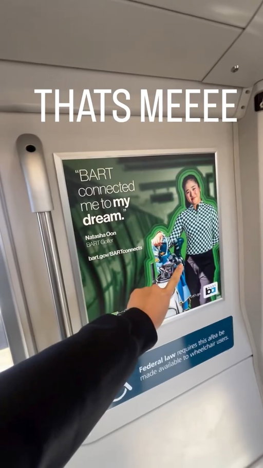 Where’s waldo but in real life … THE BART OUTDID THEMSELVES WITH THIS ONE !! Thank you so much @sfbayarearapidtransit for featuring my story… so so unreal! 

IF U FIND ME IN UR BART RIDE TAG ME OR SEND ME A SELFIE LOL I WOULD LOVE TO SEE IT

#bart #golf #lpgatour #lpga #bayarea