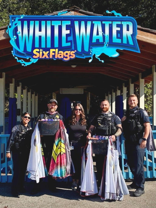Six Flags Over Georgia is a proud sponsor of @cobbchamber Public Safety Appreciation Week. To celebrate, the @mariettapolicedepartment visited the team at #SixFlagsWhiteWater, where they received gift baskets full of snacks, drinks, superhero capes and park tickets. #CobbAppreciates