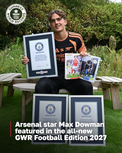 Three Guinness World Records titles before 17 ⚽😱

Arsenal’s Max Dowman has been presented with three official Guinness World Records certificates following his record-breaking rise through English and European football:

🏆 Youngest player in the UEFA Champions League - aged 15 years 308 days
🏆 Youngest goalscorer in the football (soccer) English Premier League - aged 16 years 73 days
🏆 Youngest football (soccer) player to win the Premier League - aged 16 years 144 days

Max features in Guinness World Records Football Edition 2027, out today, as part of the book’s Class of ’27 ⚽📖

📸: Arsenal FC