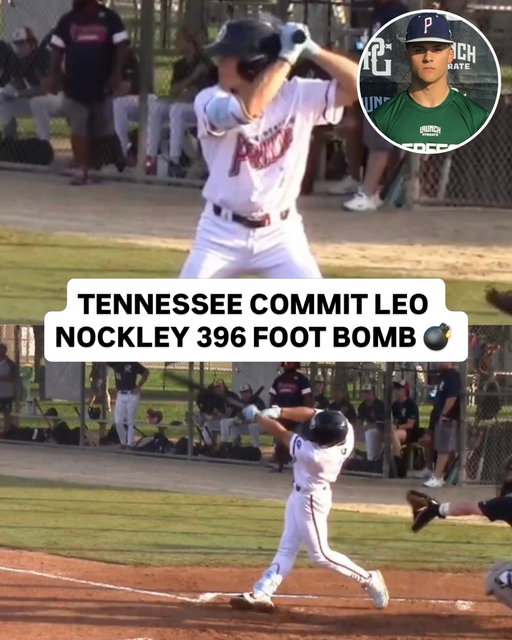 ‘27 SS Leo Nockley (PA) is all over this CB & crushes it out to RF for a long 2-run HR 94 EV/396’). Lightning quick bat & juices this one. #Vols commit #WWBAWorlds