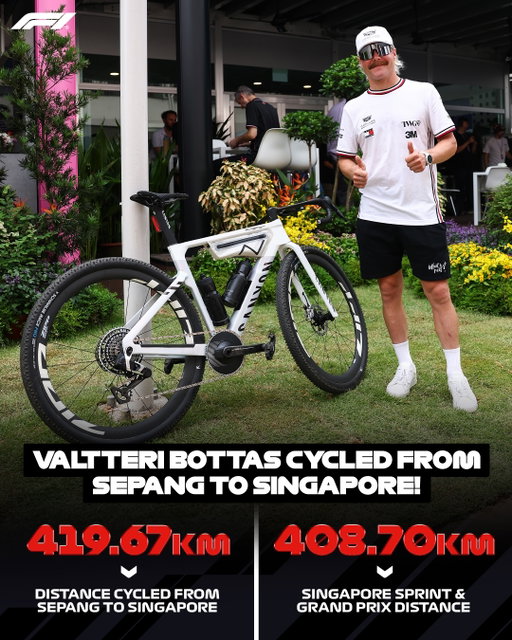 Brilliant Bottas 👏

Valtteri CYCLED the entire trip between races, Sepang to Singapore, in just a few days. Bottas arrives at Marina Bay having cycled more distance than he will race across the Grand Prix & Sprint combined 🤯🚴‍♂️

#F1 #Formula1 #SingaporeGP @valtteribottas @cadillacf1