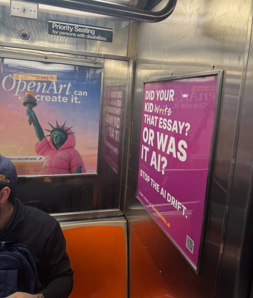 an ad for an AI tool next to an anti ai ad. circa 2026