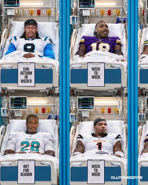 Introducing: The NFL Fantasy hospital. 🏥

Heading into Week 5, the NFL injury list is an absolute mess, and depth charts across the league are totally trashed.

Losing guys like De'Von Achane, Brian Burns, Jaxson Dart, Edgerrin Cooper, and David Njoku for the year completely wrecks playbooks and forces coaches to pivot on the fly.

Then you've got the week-to-week headaches with Lamar Jackson, Justin Jefferson, Ja'Marr Chase, and Caleb Williams. 

Nobody can build any real momentum or get into a groove when your stars are constant game-time decisions.

Patching up short-term gaps while taking massive season-ending hits is testing real depth and blowing up fantasy rosters everywhere.

Hold the dots and swipe left-right. 👈👉

Who you got on your roster?