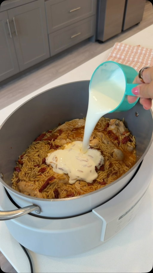 If you’ve been eyeing one thing to replace half of what’s on your counter, this is the one. The @bellakitchen MULTI is a 7QT pot that stands in for a sauté pan, skillet, slow cooker, stock pot, braiser, steamer, Dutch oven, rice cooker, serving dish and warming tray — 1 pot, 10 ways. Tonight I used four of them: the broccoli steamed on the tray, the chicken seared in the same pot, the orzo simmered in its own sauce, and it flipped over to keep warm while I stirred in the cream. Nothing to drain and no second pan in the sink.

The inside is bella’s EverGood™ non-toxic* ceramic nonstick coating, so everything slides right out and it wipes clean. It works on stovetops and it’s oven safe up to 500°F, and the pot lifts out of the base, so I carry it to the table and plate everyone from it. Mine’s the oatmilk one and it comes in 3 other colors. Link is in my bio.

*Made without PFAS, PFOA, PTFE, lead and cadmium.

Recipe + how to make it (serves 8):

3 cups broccoli florets
1 tbsp olive oil
1½ lb chicken tenders
1 tsp Italian seasoning, ½ tsp salt, ½ tsp pepper
1 tbsp jarred minced garlic
1 (8 oz) jar sun-dried tomatoes, drained
3 cups chicken broth
1½ cups orzo
1 cup heavy cream
1 bag (5 oz) shredded parmesan
1 bag (5 oz) fresh spinach

Set the steam tray in the pot with 3 cups water underneath. Add 3 cups broccoli florets, lid on, STEAM for 10 minutes. Lift the tray out and set the broccoli aside.
Pour off the water and dry the pot.
SEAR: add 1 tbsp olive oil, 1½ lb chicken tenders, 1 tsp Italian seasoning, ½ tsp salt and ½ tsp pepper. Brown both sides, then stir in 1 tbsp minced garlic.
Add the drained 8 oz jar of sun-dried tomatoes, 3 cups chicken broth and 1½ cups orzo. Switch to SIMMER, lid off, 15 minutes, stirring now and then. Add a splash more broth if it looks dry.
When it flips to KEEP WARM, stir in 1 cup heavy cream, the 5 oz bag of parmesan and the 5 oz bag of spinach until creamy.
Lift the pot out and serve at the table with the broccoli on the side.

#ad @bellakitchen #bellapartner #onepotdinner #easyweeknightdinner #feedingafamily