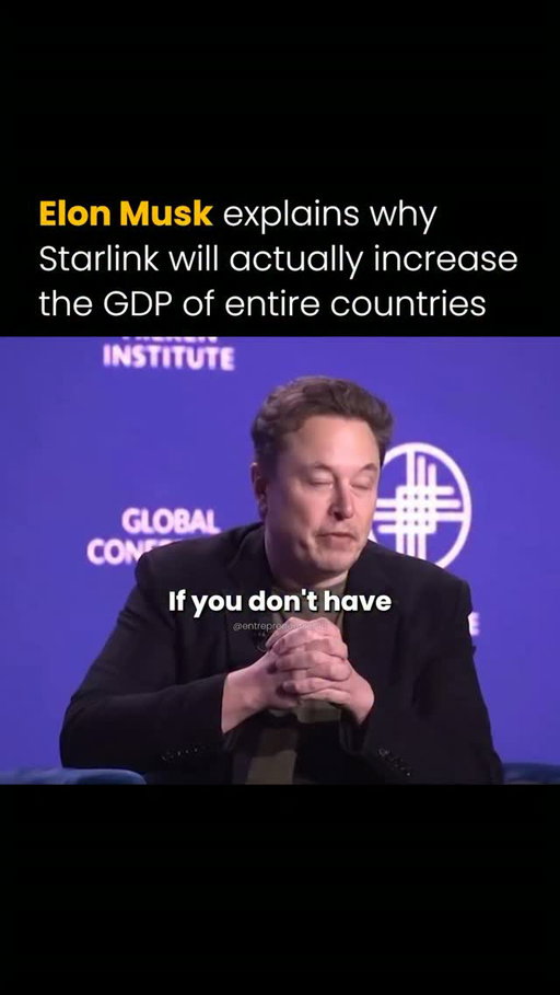 Elon Musk, CEO of SpaceX, says Starlink could have an impact far beyond simply giving people internet access.

He argues that affordable, reliable connectivity gives people access to education, information, jobs and customers around the world. 

That can help people become more productive and connect their businesses to global markets.

Musk believes that when enough people gain that access, the economic impact can show up in the GDP of entire countries.

Follow (@entrepreneursonig) for everything related to entrepreneurs.

Media: 2024 Global Milken Conference