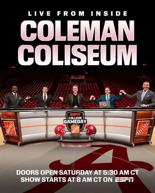 Reminder, tomorrow's show is taking place inside Coleman Coliseum due to inclement weather. We got Pat McAfee's "Kicking is Easy" contest, Bryce Young as guest picker, plus a contest to win tickets to the CFP national championship at the end of the show 🏆

(📹: @patmcafeeshow)
