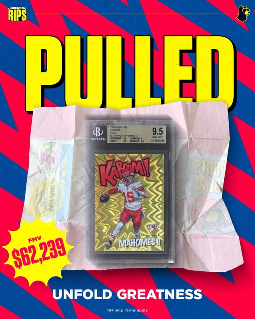 New biggest pull in Rips history 🙌

2020 Panini Absolute Kaboom! Gold Patrick Mahomes II

Instantly sold back for $62k

————
Follow @underdogrips for the latest drops. Link in bio to Rip
#sportscards #pokemon #packs