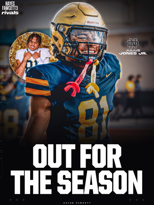 NEWS: Notre Dame WR commit Julius Jones Jr. is out for the season with a hand injury, a source tells @Rivals.IG

Jones, who is set to have surgery and will prepare to enroll in South Bend in January, is leaving STA as one of the best WRs in the school’s rich history: 
💠 Tied with Michael Irvin for most receptions in a season (59) 
💠 Most career receptions (133)
💠 Most career receiving yards (2,050)
💠 Most REC TDs in a year (14)