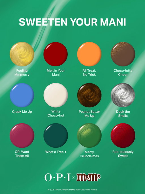 Sweet. Colorful. Polished. Three things we’re always aiming for. Our new OPI x @mmschocolate come in Nail Lacquer and GelColor. Choose your formula.