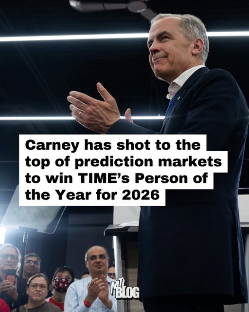 What do you think about this?

Prime Minister Mark Carney has skyrocketed to the top of prediction markets for TIME's 2026 Person of the Year recently, currently sitting as the second-most likely pick on both Kalshi and Polymarket with a predicted 18% chance of winning.

He's trailing only New York City Mayor Zohran Mamdani, who's leading at 28%, but is well ahead of other contenders like Donald Trump, Benjamin Netanyahu and Pope Leo.

Carney's odds surged in mid-September, around the time he travelled to Europe to push for closer ties with allies amid tensions with the U.S., earning Canada an invitation to become the EU's first-ever "associate member." 

TIME already named him one of the world's 100 most influential people this year, noting that his popularity grew as he stood up to Trump.

The final pick will be announced on December 10, and TIME's editors — not prediction market bettors — will make the call based on who had the biggest impact on the year, "for better or for worse."

📸: Liberal Party of Canada | Parti libéral du Canada | Facebook