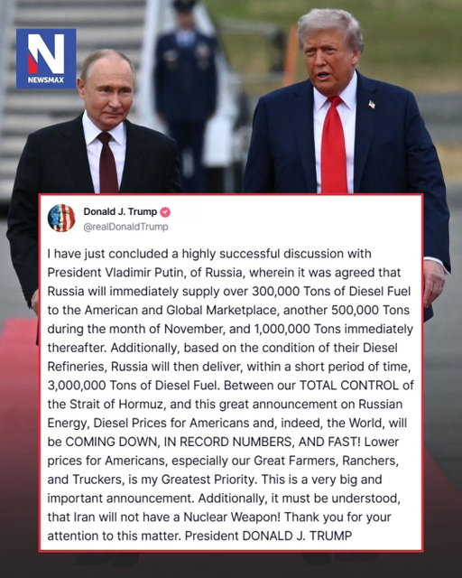 BREAKING: President Donald Trump says he struck a deal with Vladimir Putin to secure more than 4.8 million tons of Russian diesel, aiming to drive down fuel prices for Americans and the world.