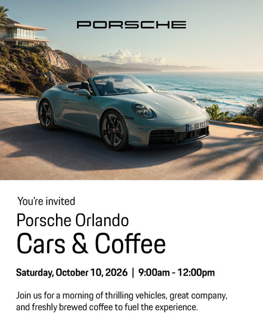 Tomorrow morning, Cars & Coffee returns to Porsche Orlando.
 
Join us from 9:00 AM–12:00 PM for a morning dedicated to exceptional vehicles, great company, and freshly brewed coffee.
 
Saturday, October 10 | 9am - 12pm | Porsche Orlando

Start your Saturday morning with us at Porsche Orlando. We’ll have the coffee ready.