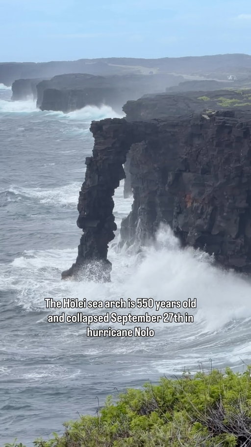 I love Hawai’i and I’m so glad I took the time to see the Hōlei Sea Arch before it collapsed in hurricane Nolo 

I was there the day before the park closed for the hurricane. It’s humbling to be one of the last people to see this natural wonder but also makes me realize we have to go see things while we can. 

@hawaiivolcanoesnps is one of the most beautiful places I have ever been and you should still see this dramatic coastline on the Chain of Craters drive 

#hawaiivolcanoesnp #hawaiivolcano #hawaii #holeiseaarch #bigislandhawaii