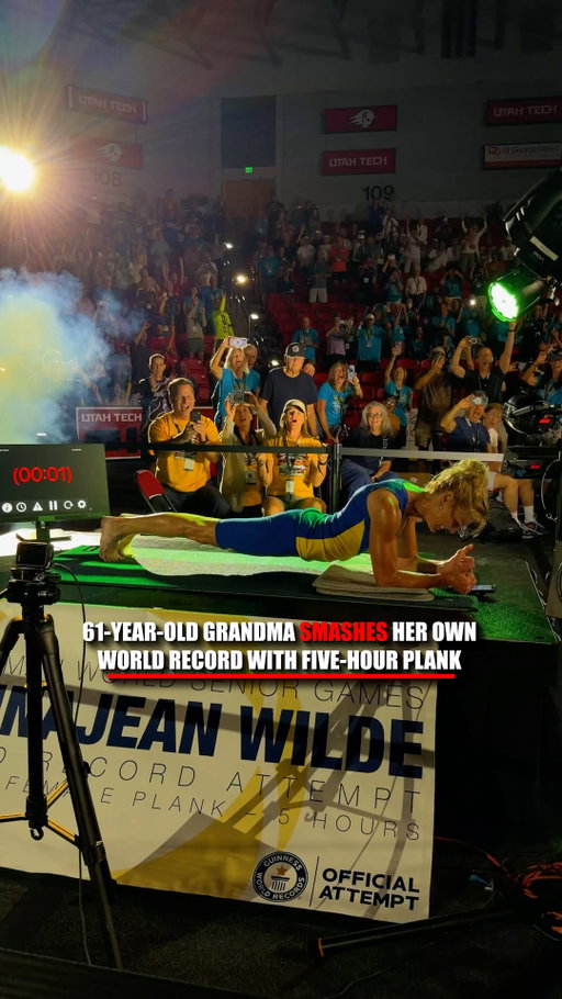 Five hours. One plank. And a 61-year-old woman who refuses to quit.

Canadian DonnaJean Wilde holds a plank for more than FIVE HOURS at the World Senior Games in Utah, setting a new world record for the longest female abdominal plank.

Judges actually rotate through hour-long shifts as Wilde stays in position, ultimately breaking her own 2024 record of 4 hours and 30 minutes.

She's now broken the record twice.