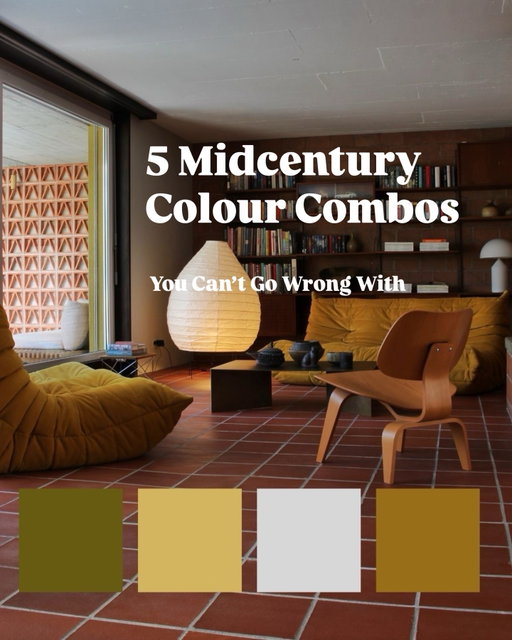 The secret to a timeless midcentury interior? Colour. Not just any colour, but the right combination of warm, muted tones that bring architecture, wood and vintage furniture together.

These are the five pairings I keep coming back to:

1. Avocado Yellow + Darkwood
RAL 085 60 60 / RAL 050 30 20
Soft retro warmth, framed by deep, grounded wood.

2. Burnt Orange + Olive
NCS S 3050-Y50R / NCS S 5020-G90Y
Earthy, confident, and full of character. Very 70s, but with restraint.

3. Gray Light Blue + Tabaco
RAL 250 70 15 / RAL 050 30 30
A cool, quiet blue next to a brown or natural wood. Calm without being boring.

4. Palisander + Mustard
RAL 050 30 30 / RAL 1005
Polished dark wood with a golden accent. Timeless, every single time.

5. Pale Yellow + Light Gray
NCS S 2040-Y / RAL 7035
The softest pairing of the five. Light, airy, made for slow mornings.

My rule: let one color lead, ideally through a natural material like wood, and let the other support. 

Save this for your next color decision.

Midcentury colour combinations · Midcentury colour palette · Timeless colours · Modernist interiors · Midcentury modern design · Colour theory · Interior colour inspiration · Light grey-blue · Tobacco brown · RAL colours · Vintage colour palette · Minimalist interiors · Timeless design · Colour and materials
