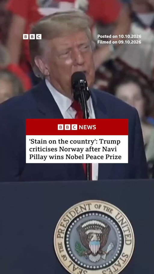 "If you clap a little bit more I may share this prize with Trump."
 
That's how Navi Pillay reacted after being told she'd won the Nobel Peace Prize.
 
The former UN human rights chief and International Court of Justice judge, was recognised "for her efforts to promote peace and international law".
 
US President Donald Trump has once again made complaints that he did not receive it, calling this year's decision "disgraceful and embarrassing".
 
Tap the link in @BBCNews's bio to find out more about the winner.
 
#Trump #NaviPillay #NobelPrize #BBCNews