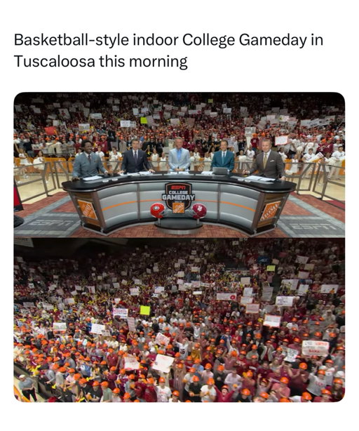 Basketball-style indoor College Gameday in Tuscaloosa this morning 👀

The show is at Alabama ahead of the Tide’s matchup with Georgia and is dodging the effects of Hurricane Isaias inside Coleman Coliseum.