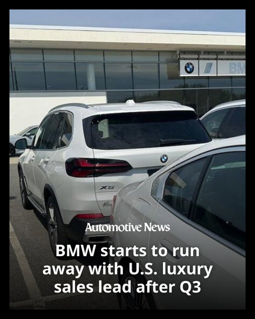 BMW’s U.S. sales gained momentum in the third quarter, even surpassing the 100,000 threshold, further padding its lead in the luxury market.

BMW sales totaled 100,210 in the third quarter, up 3.4 percent. The results were well ahead of rivals Lexus, with sales of 93,056, up 1.6 percent, and Mercedes-Benz, with estimated retail sales of 76,200.

Through the third quarter, BMW sales tallied 287,154, with Lexus in second placed with 262,768 deliveries and Mercedes-Benz third with estimated sales of 221,200.

#BMW #automotive #autoindustry