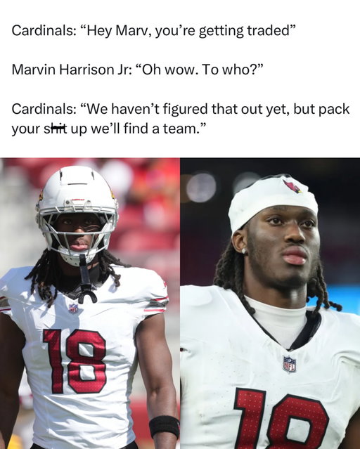 Well, you can’t say the Cardinals didn’t give Marvin Harrison Jr. every chance to succeed. Well actually you can say that. I would probably say that in fact

Marvin Harrison Jr. getting traded has officially turned into one of the funniest jokes on NFL social media. The idea of the Cardinals telling him to pack his bags before even figuring out which team wants him is absolutely hilarious. Arizona basically telling their former first-round pick that his time is up without having a destination ready is crazy work.

Things got even funnier when a graphic started circulating claiming Harrison had been traded to the Los Angeles Dodgers. Not the Rams, not the Chargers, but an actual MLB team. The joke makes it seem like the Cardinals are so desperate to move on that they’re willing to send their wide receiver to an entirely different sport.

What makes this so funny is how quickly NFL fans can turn trade speculation into an absolute comedy show. Harrison entered the league with massive expectations, and now social media is joking about him getting shipped off to play baseball. The Cardinals haven’t actually traded him to the Dodgers, but the internet is having a field day with the idea.

Follow US (@jukedly) to stay locked in if you love sports! 🔥