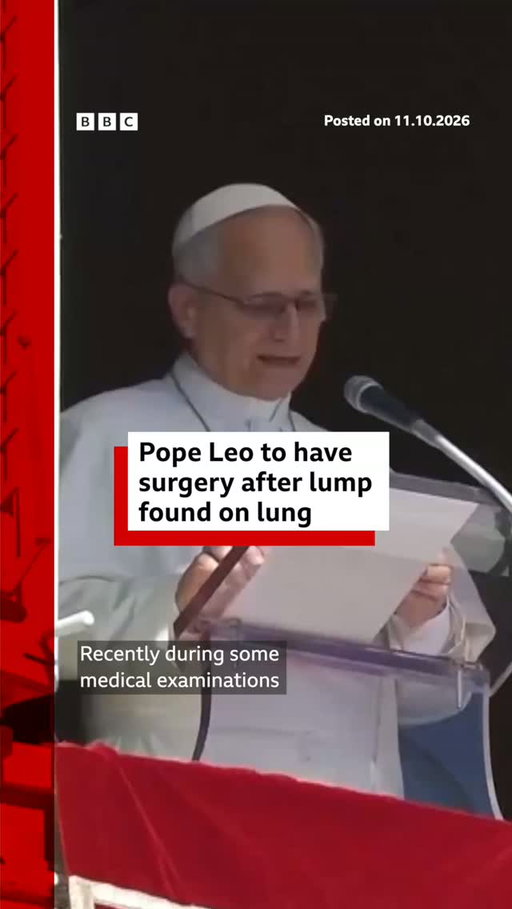 Pope Leo XIV has announced he will be operated on "in the coming days" after a nodule was found on his lung during a medical check up.
 
The 71-year-old reassured pilgrims that the mass was "well-contained" and caught "at an early stage".
 
Holy See Press Office spokesperson Matteo Bruni told the media that the Pope is expected to take about a week to recover.
 
Tap the link in @BBCNews's bio to find out more.
 
#Pope #PopeLeo #Vatican #BBCNews