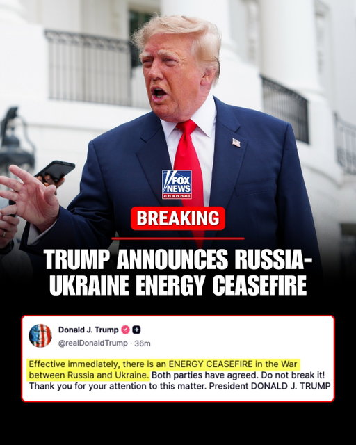 BREAKING: President Trump announced an immediate energy ceasefire between Russia and Ukraine, saying both countries have agreed to halt attacks on each other's energy infrastructure after weeks of escalating tensions over strikes on oil refineries and power plants.