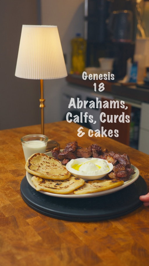 Finding my favourite food in the Bible EP3: Genesis 18 - Abrahams Calf, Curds, Cakes and milk 
.
INGREDIENTS
* 0.5kg beef sirloin, rump or short rib
* 250g plain flour
* 700g yogurt
* 500ml milk for serving
* 4 tbsp olive oil
* 150ml water
* 1½ tsp salt
* 1 tsp coarse salt
METHOD
1. Night before: stir ½ tsp salt through the yoghurt, tie it in muslin and hang it over a bowl in the fridge in a sieve. You want it thick enough to stand a spoon in
2. Mix the flour, 1 tsp salt and most of the water into a firm dough. Knead until smooth, rest 20 min under a damp cloth
3. Cut the beef into 4cm pieces and season with salt
4. Get a baking stone or dry cast-iron pan as hot as it will go. Divide the dough into 8, roll each to 5mm, lay them straight on. 2–3 min a side until they blister
5. Heat pan till smoking and Sear in batches so nothing steams 6–8 min total, charred outside, pink in the middle.
6. Rest the beef 10 min
7. Curds in a bowl with a pool of olive oil on top on a dip plate, serve with beef, cakes and Milk. Tear a cake, scoop the curds, use it to pick up the meat!
WHY I MADE IT LIKE THIS
* The beef is cut small because everyone in the story was rushing, I thought the meat was cut small and cooked quickly on the hot stone to account for this. 
* No seasoning on the meat beyond oil and salt, because the text doesn’t name any! 
* Fine flour, not barley. Sarah uses the good stuff offering grade wheat, not the cheap grain everyone actually lived on 
* No yeast in the cakes. These are ugot, hearth cakes, cooked straight on hot stone.
* The curds are chemah, the King James calls it butter but it’s soured strained milk, basically labneh!! 
.
#bible #jesus #Genesis #Abraham