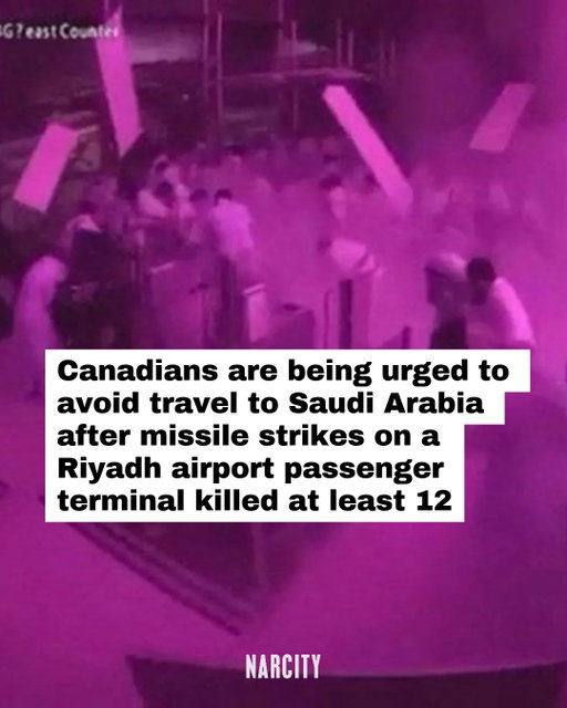 A second projectile struck a passenger terminal at Riyadh's international airport on Sunday, just one day after a Houthi missile attack on the same terminal killed at least 12 people and injured hundreds more. 

The airport remained closed Sunday, with no air traffic reported around the Saudi capital.

Canada has issued a new travel advisory for the country, now advising Canadians to avoid all travel to Riyadh's King Khalid International Airport and all non-essential travel to Saudi Arabia in general. 

Prime Minister Mark Carney called the attacks on civilian infrastructure "abhorrent," while Canada's ambassador confirmed the embassy remains open to help Canadians in need.

Full story at the link in the @narcitycanada bio.

📸: Saudi Ministry of Media