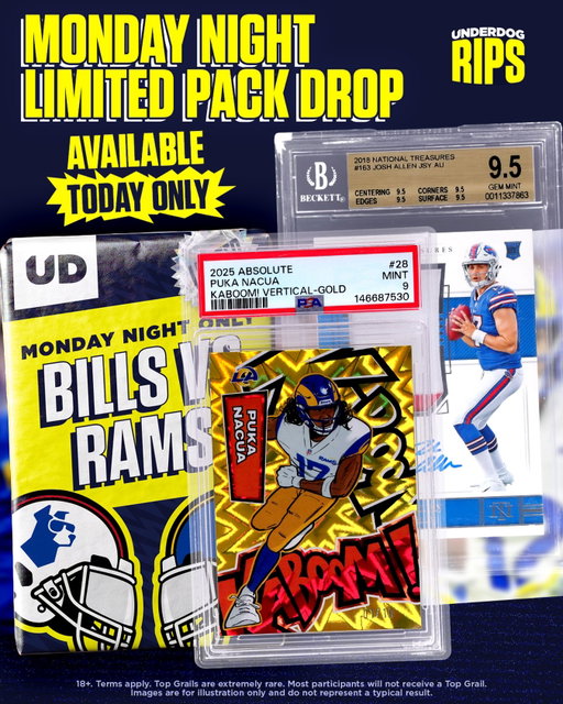 The Monday Night Limited Pack Drop is live, featuring Bills and Rams grails valued up to $46K 🤯

Turn on post notifications to be the first to know when our limited drops get released