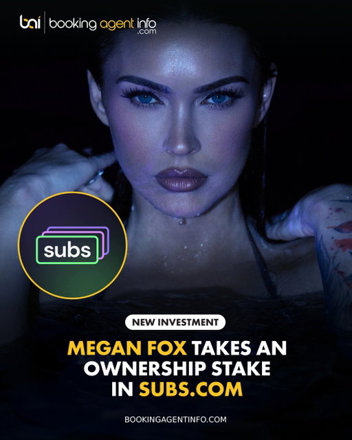 Megan Fox (@meganfox) has taken an ownership stake in Subs.com (@joinsubs), becoming a co-owner of the creator platform.

The teaser video is filmed around a pool after dark, the teaser holds on Fox’s gaze as tilted close-ups and reflections on the water interrupt the stillness. 

The announcement follows a concentrated run of commercial activity. Fox fronted Ro’s October campaign and extended her relationship with Dr. Squatch through September’s “Feral Fox” collaboration. 

Co-founded by Tim Stokely, who also co-founded OnlyFans, Subs.com positions itself around direct relationships between established talent and their audiences. 

Create a free account at BookingAgentInfo.com to be the first to know about new entertainment brand partnerships.

Follow @bookingagentinfo_ for more.
