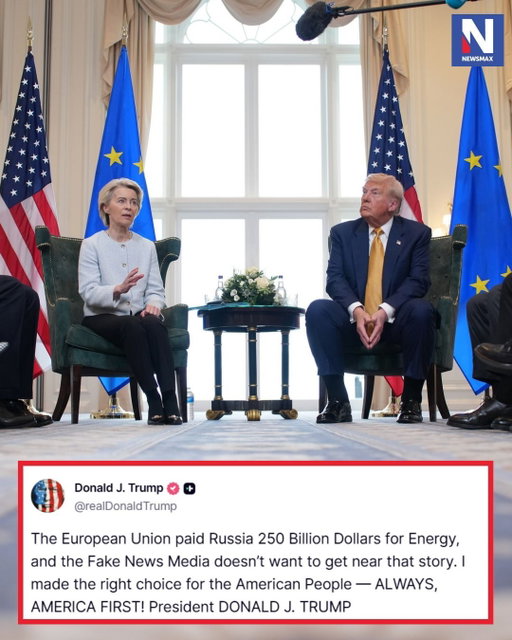 TRUMP DEFENDS DIESEL DEAL: President Donald Trump on Monday defended his decision to purchase diesel from Russia as part of an effort to lower high fuel prices. ⁣
⁣
"The European Union paid Russia 250 Billion Dollars for Energy, and the Fake News Media doesn't want to get near that story," Trump wrote on Truth Social.⁣
⁣
"I made the right choice for the American People — ALWAYS, AMERICA FIRST!" the president added.⁣
⁣
For more info on this story, please visit the link in our bio or Newsmax.com.