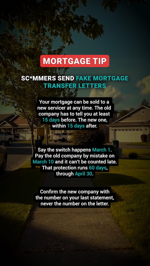 When your mortgage changes hands 📬

Most homeowners only realize their mortgage was transferred when a unexpected letter arrives with a new logo at the top.

The underlying terms of your loan remain exactly the same, only the destination of your monthly payment changes.

By law, both your old and new servicers are required to notify you. Plus, there's a 60-day grace period after the transfer where payments accidentally sent to the old company cannot be marked late or penalized.

Be careful: scammers frequently fake these transition notices. Always verify the new lender by calling the official phone number listed on your previous statement, not the one printed on the new letter.

Has a new servicer ever taken over your mortgage unexpectedly?

Save this for the day that letter shows up.

#mortgagetips #homeowner #homeownership #personalfinance #realestate