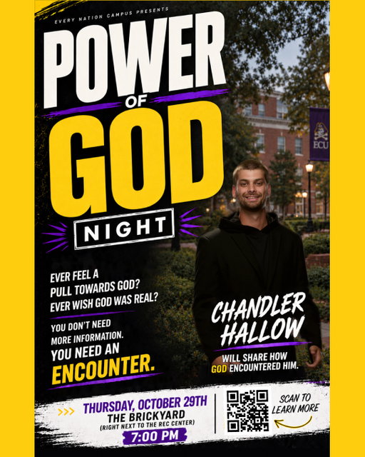 ECU, get ready! Bring your questions, your doubts, and whatever you've been carrying. 
🗓️ Thursday, October 29th @ 7:00 PM
📍 The Brickyard (Right next to the rec center)
Visit powerofgodtent.com for all the details.
@chandlerhallow @enc_ecu