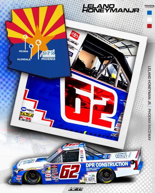 Back where it all started.

Arizona native Leland Honeyman Jr. returns to his home state to pilot the No. 62 DPR Construction Toyota Tundra TRD Pro at Phoenix Raceway.

Born in Glendale and raised in Peoria, Honeyman moved to North Carolina at age 10 to pursue his racing career. The weekend brings him back to his Arizona roots alongside DPR Construction, a longtime presence in the Phoenix construction industry.