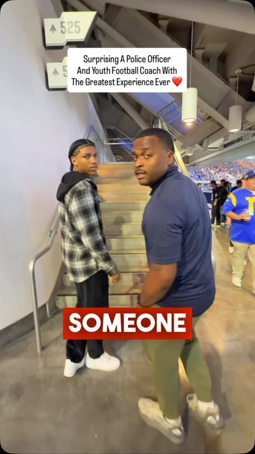 @Omar surprised this LAPD police officer and youth football coach sitting in the upper section with pregame passes, Super Bowl tickets, and much more! 🙌