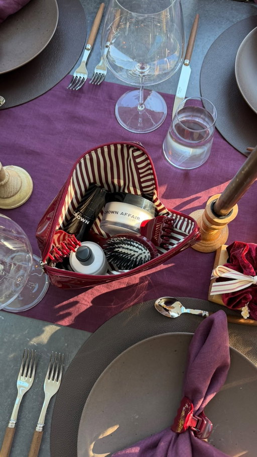 a dessert party is just a dinner party that gets to the good part faster! 🍐🍷bordeaux in the glass, in the pears, and in our hair, thanks to the new @crownaffair bordeaux collection #crownaffairpartner