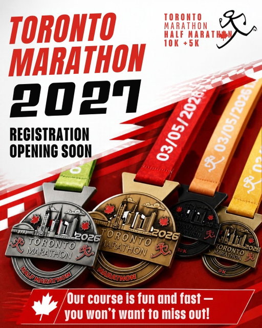 Get ready to conquer our famously fast and fun course on Sunday, May 2, 2027. Pick your distance:

🔴 Marathon

🔴 Half Marathon

🔴 10K

🔴 5K

​You won't want to miss out! 🔗 Hit the link in our bio to check the details. Which distance are you conquering next spring? 👇🍁

​#TorontoMarathon #TorontoMarathon2027 #RunTO #RegistrationOpeningSoon #CanadaRuns